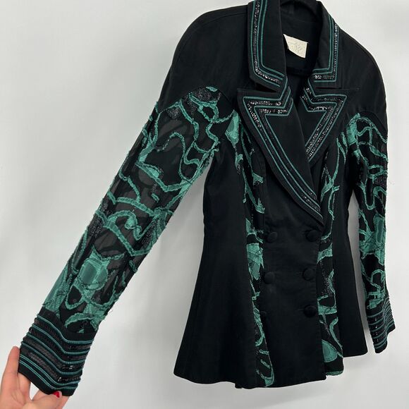 CACHE Vintage Green Black Sequin Embroidered Sheer Sleeve Blazer Jacket Small - Picture 5 of 6